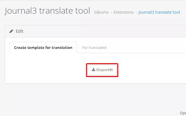 Opencart Journal 3 Tulkošanas rīka eksporta cilnes ekrānuzņēmums