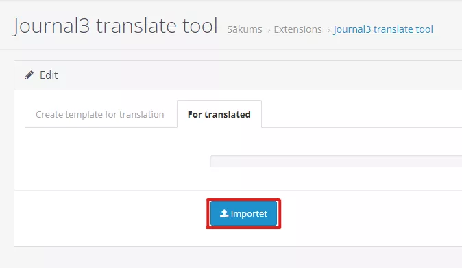 Opencart Journal 3 Tulkošanas rīka importa cilnes ekrānuzņēmums