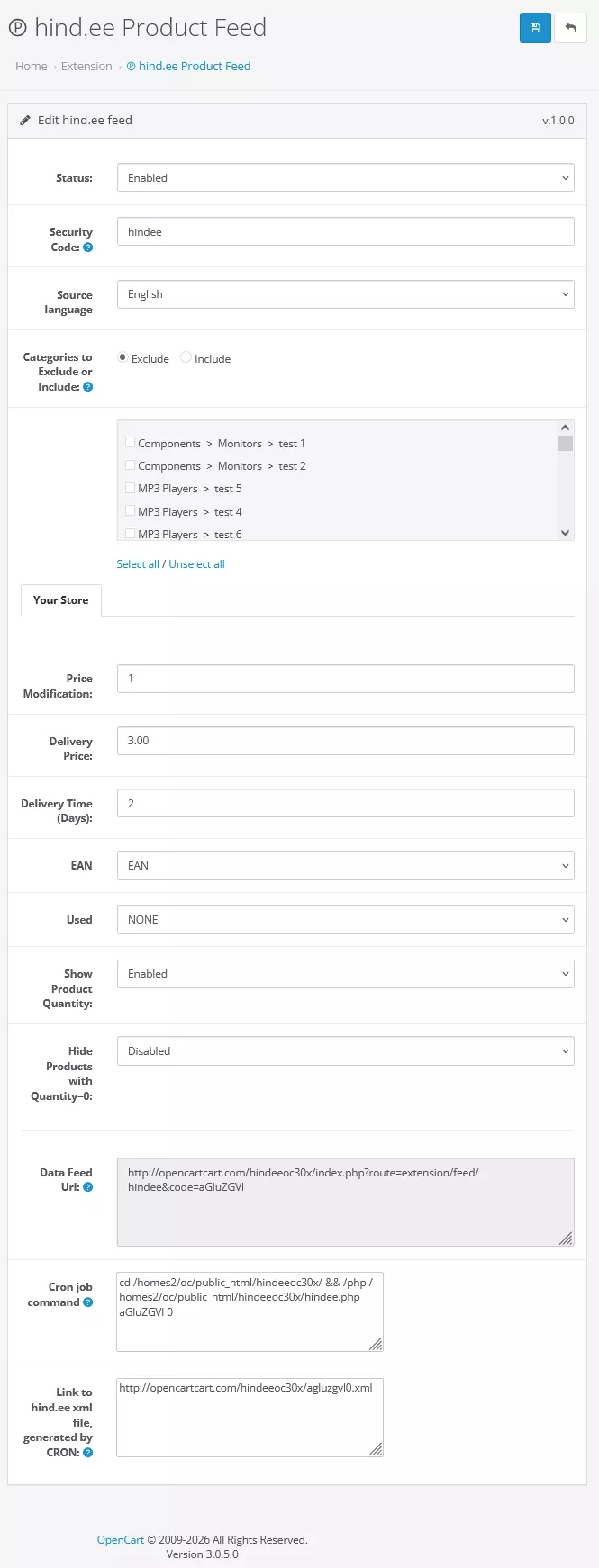 Hind.ee Product Feed Extension Settings Screenshot