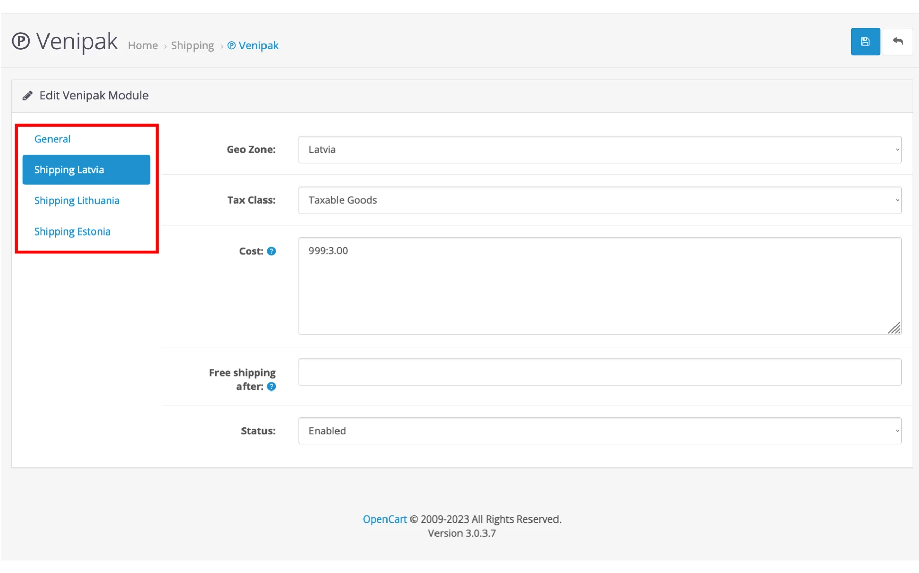 Настройки Venipak - Country